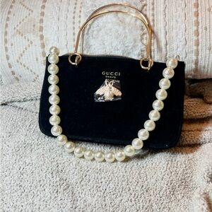 Gucci Black Velvet Up cycled Bee and Pearl Pouch to Bag. GWP